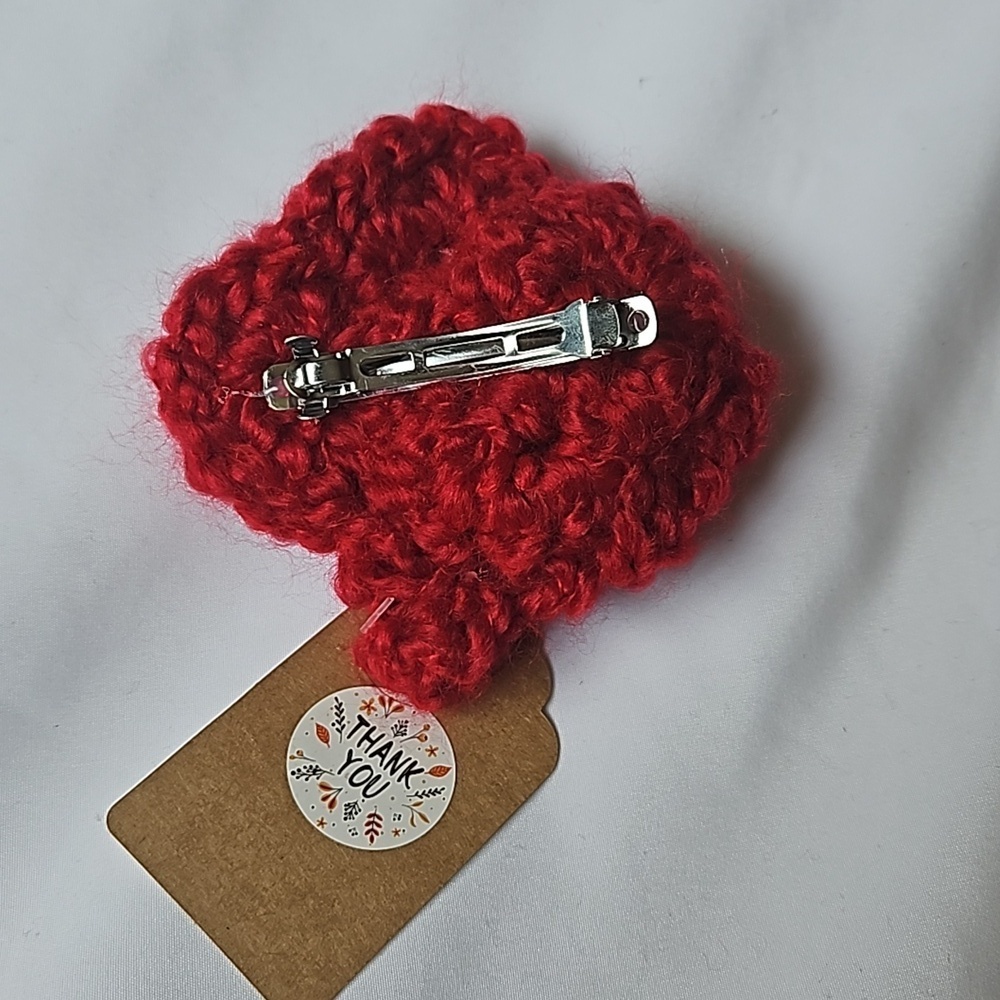 Hand Crafted Red Crochet Chunky yarn Red & white Puffy Flower barrette Hair Clip - Picture 9 of 17